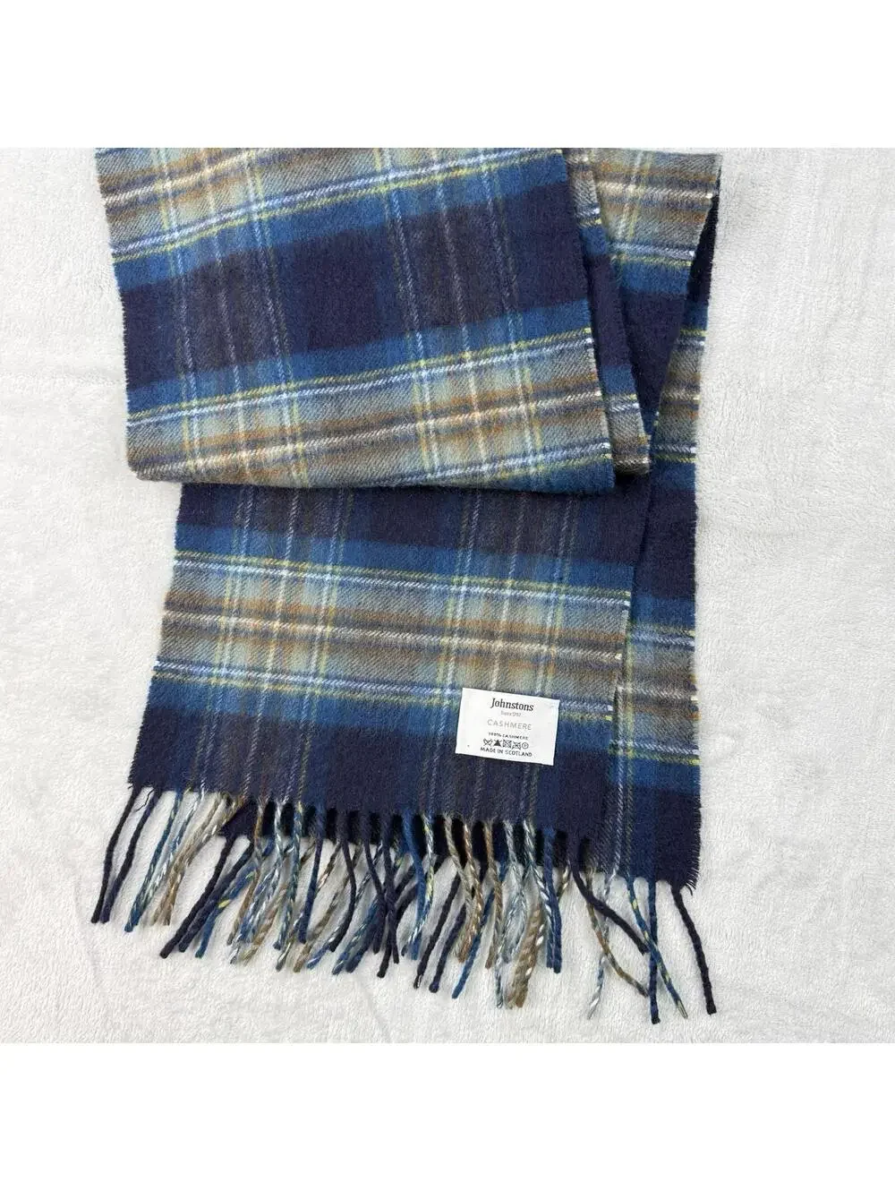 Johnstons of Elgin 100% Cashmere Scarf Blue Ivory Stripe Made in Scotland Luxury